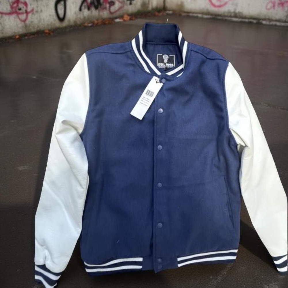 Rebel Minds Navy Varsity Jacket Large Leather Sleeve Letterman Streetwear